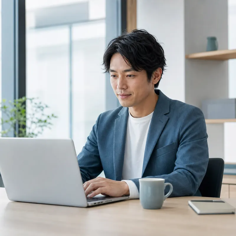 担当者がノートパソコンの画面に向かい、落ち着いた表情で内容を読んでいる様子
